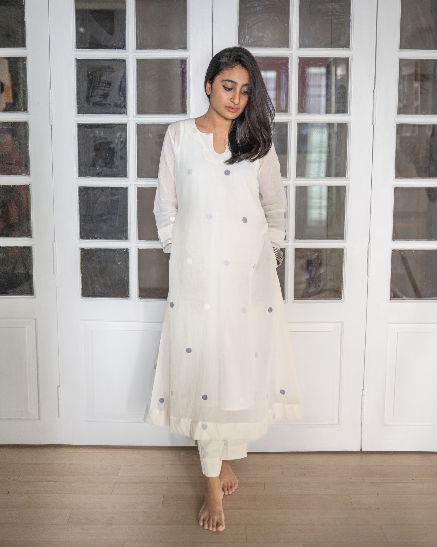Polka Dreams | Handwoven Jamdani Co-ord set | Navy Blue