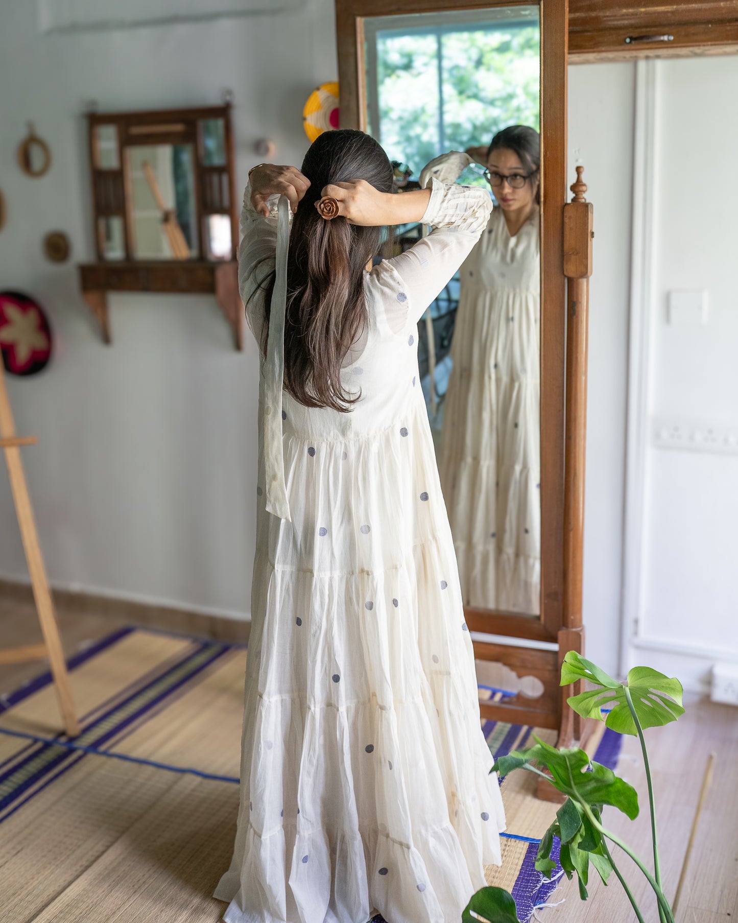 Rosée | White & Navy Blue Polka Dots Handwoven Jamdani Dress