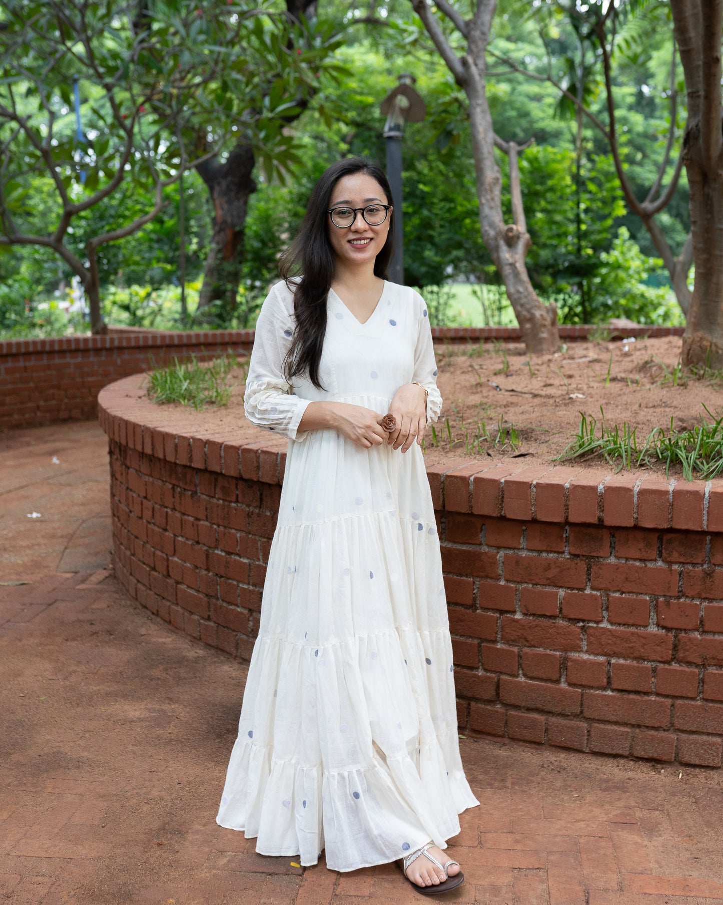 Rosée | White & Navy Blue Polka Dots Handwoven Jamdani Dress