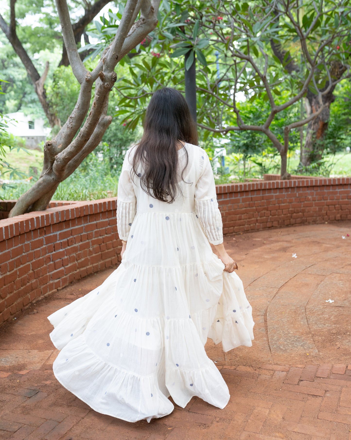Rosée | White & Navy Blue Polka Dots Handwoven Jamdani Dress
