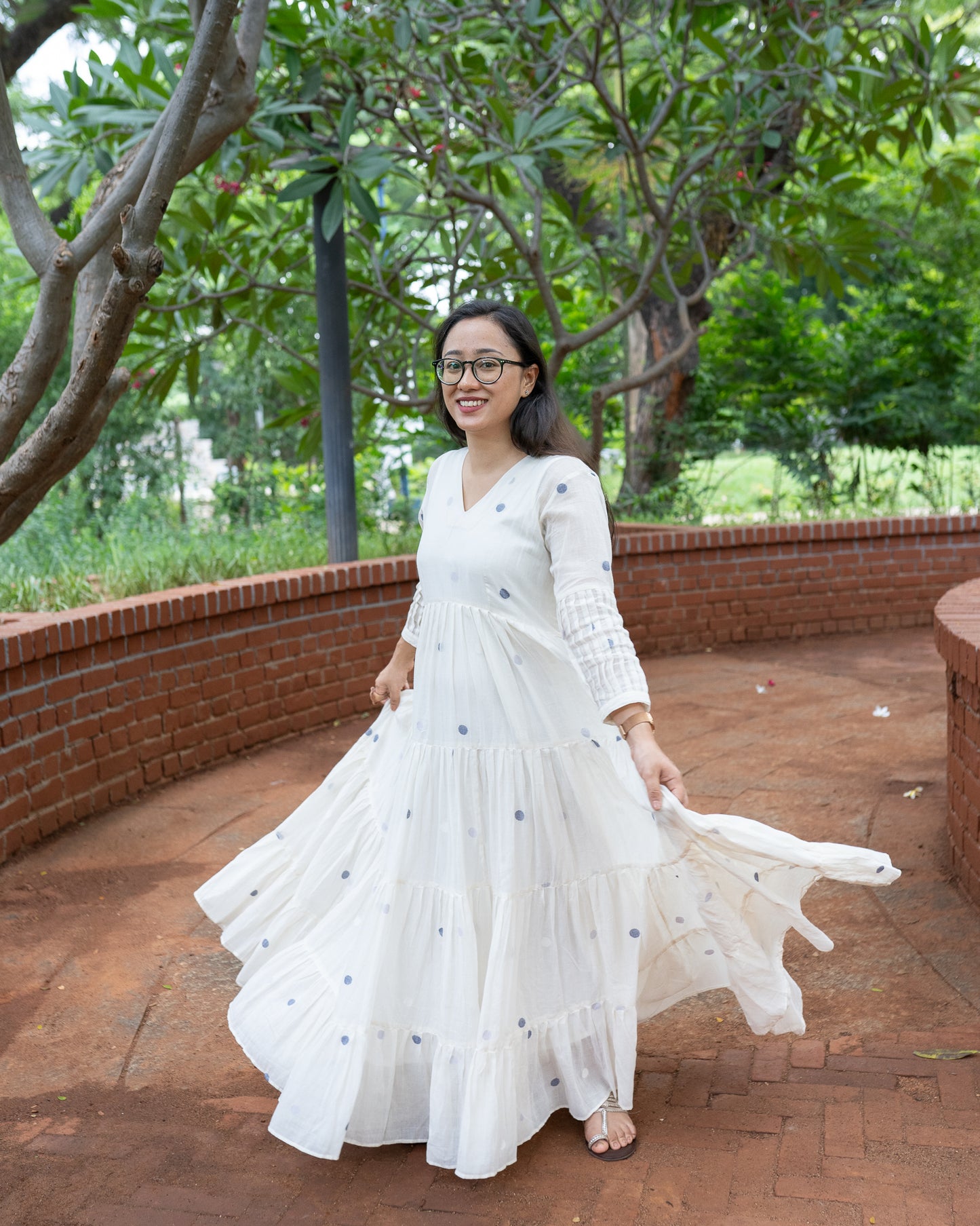 Rosée | White & Navy Blue Polka Dots Handwoven Jamdani Dress