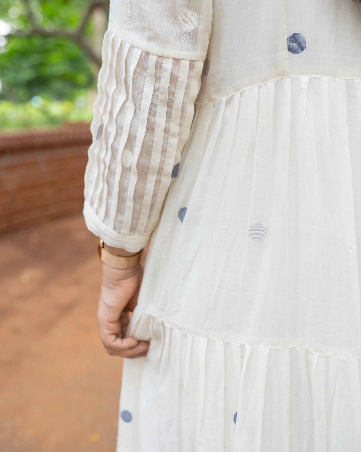 Rosée | White & Navy Blue Polka Dots Handwoven Jamdani Dress