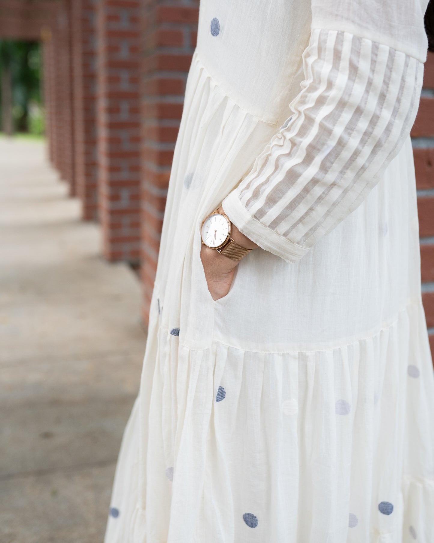 Rosée | White & Navy Blue Polka Dots Handwoven Jamdani Dress
