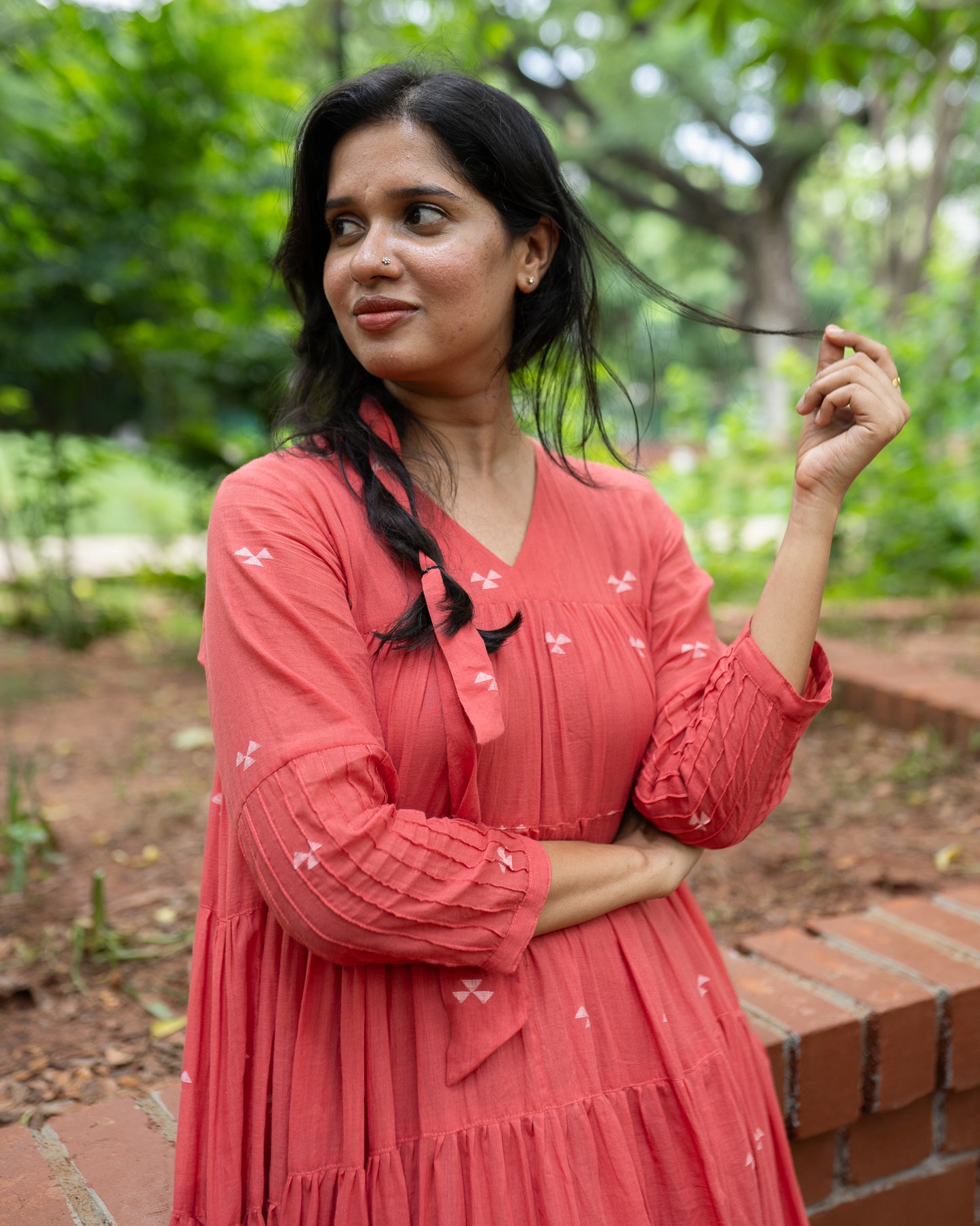 Baft Hawa | Handwoven Jamdani Dress in Deep Peach
