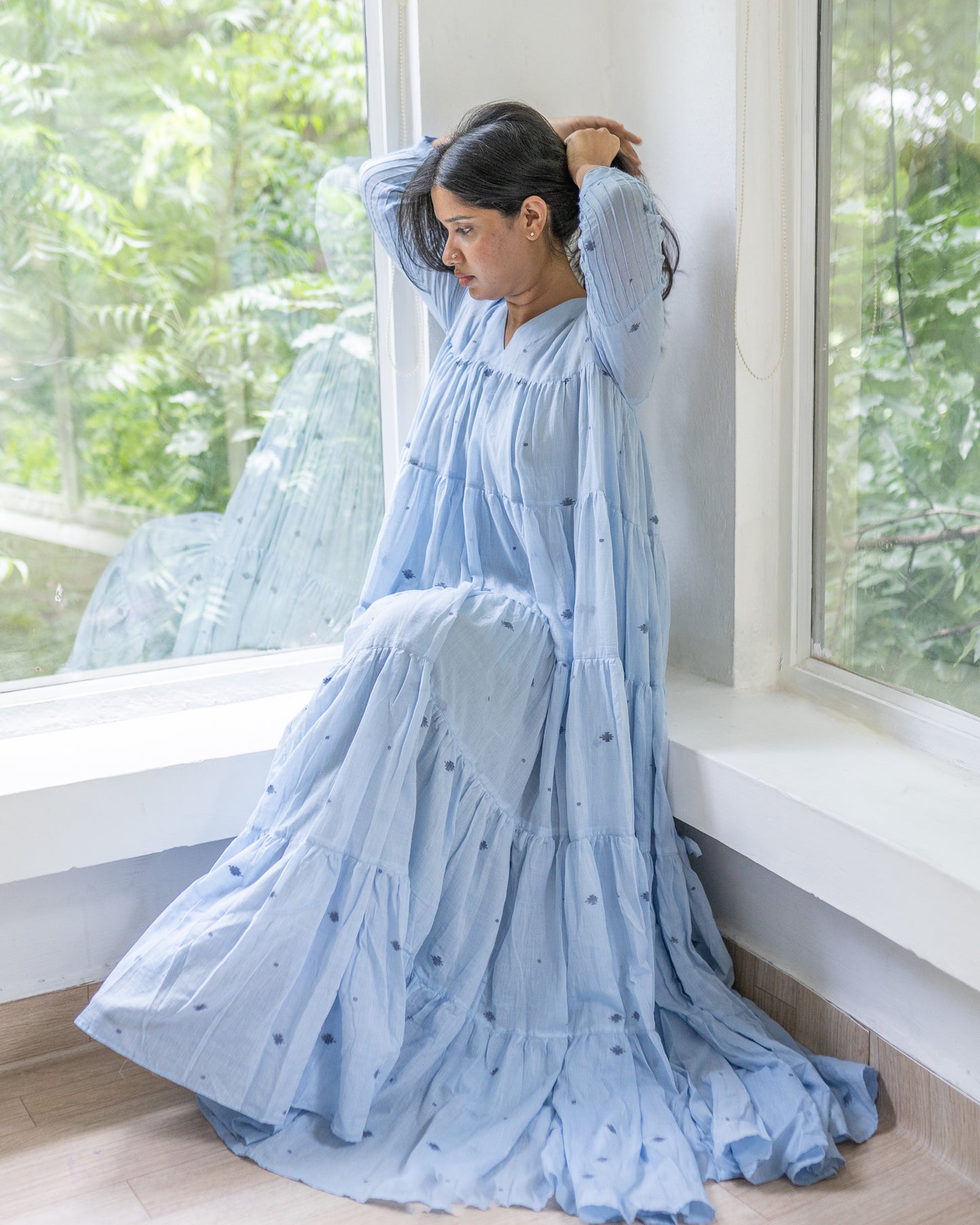Baft Hawa | Handwoven Jamdani Dress in Powder Blue