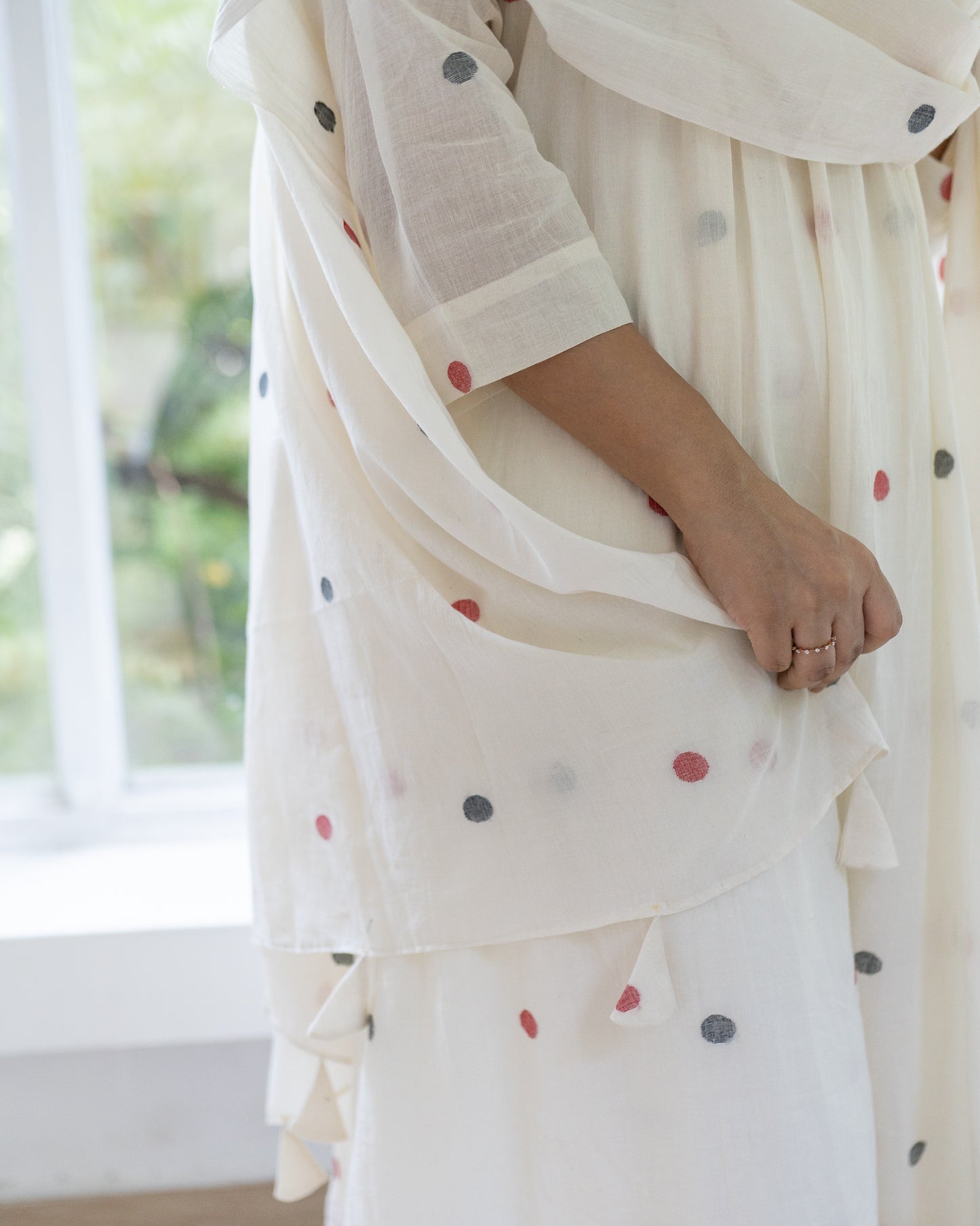 Polka Dreams | Handwoven Jamdani Kurta set with Dupatta | Black & Red
