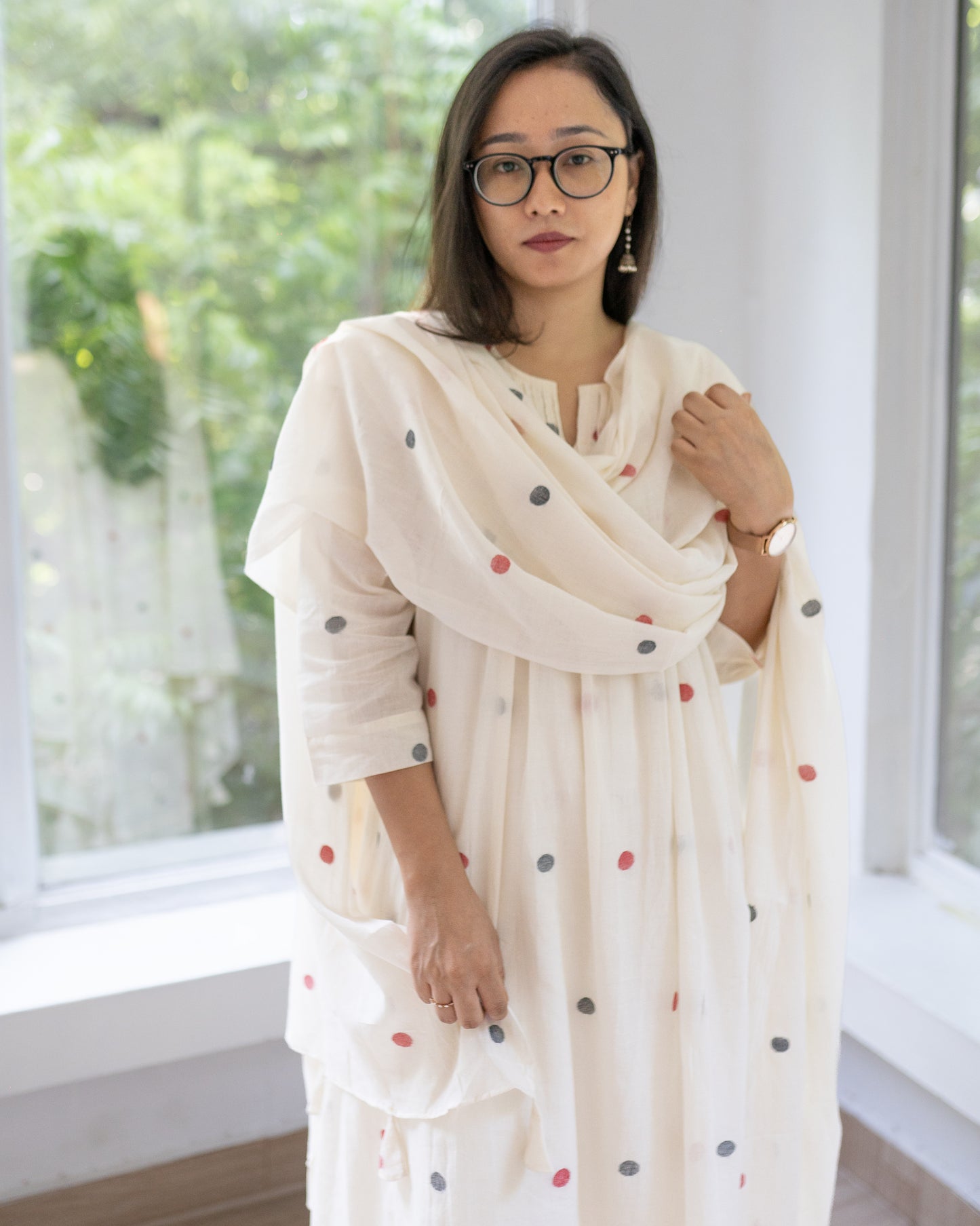 Polka Dreams | Handwoven Jamdani Kurta set with Dupatta | Black & Red