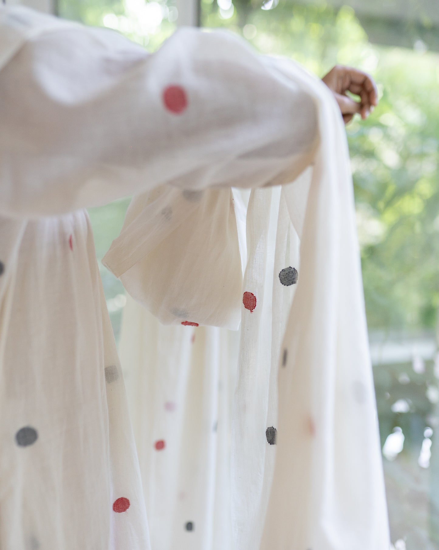 Polka Dreams | Handwoven Jamdani Kurta set with Dupatta | Black & Red