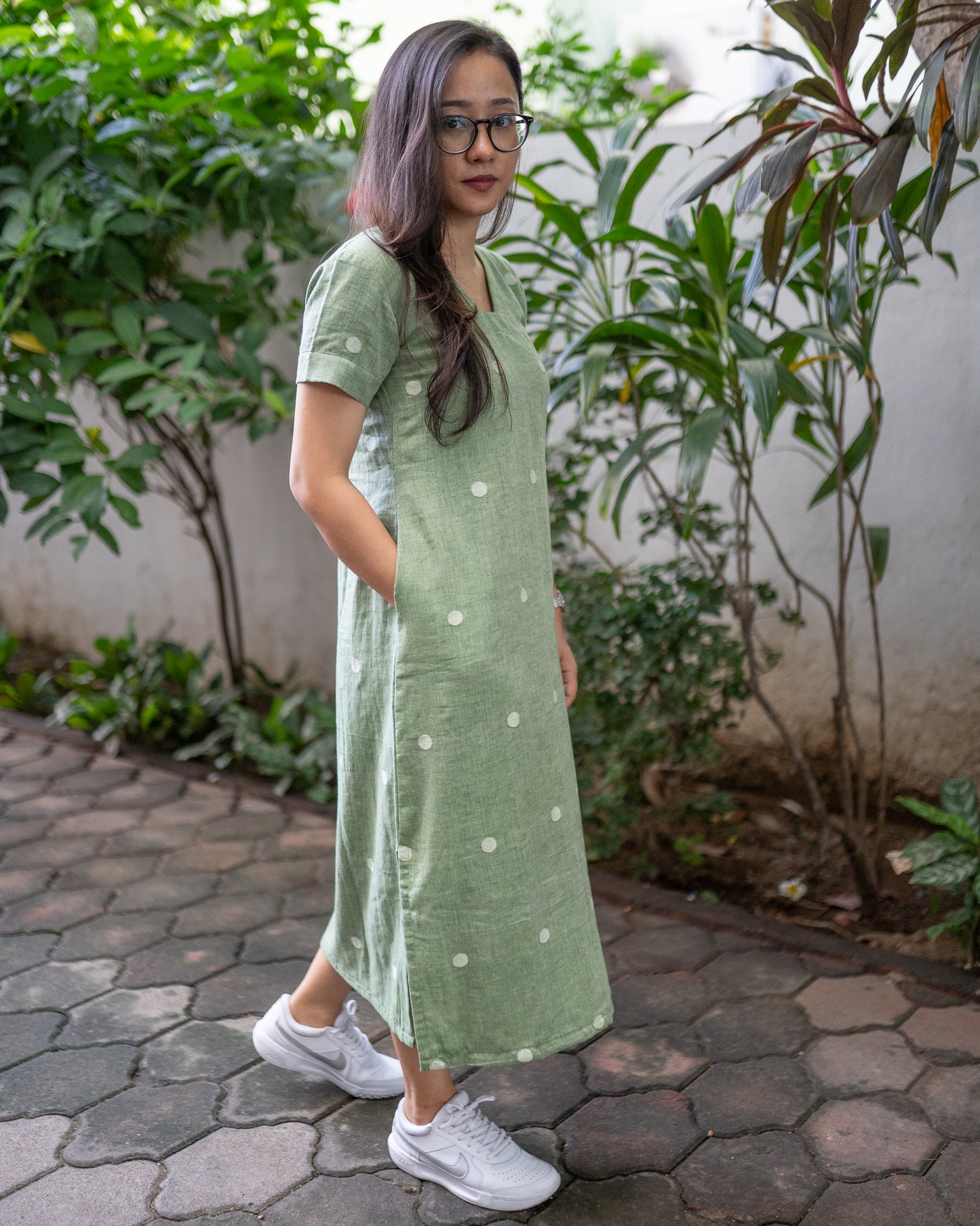 Sage Green | Polka Dots Handwoven Jamdani Dress