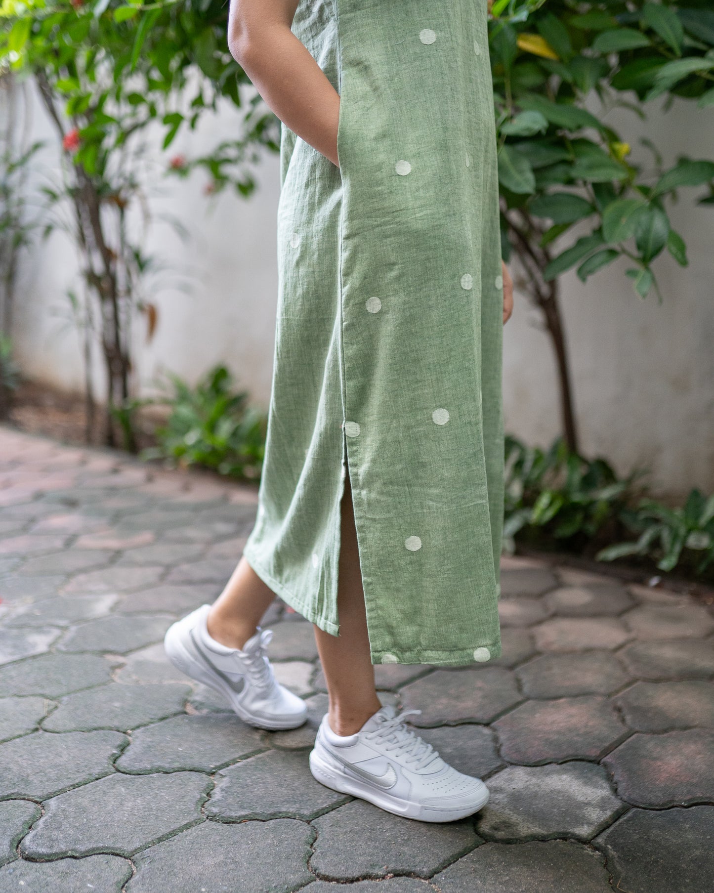Sage Green | Polka Dots Handwoven Jamdani Dress