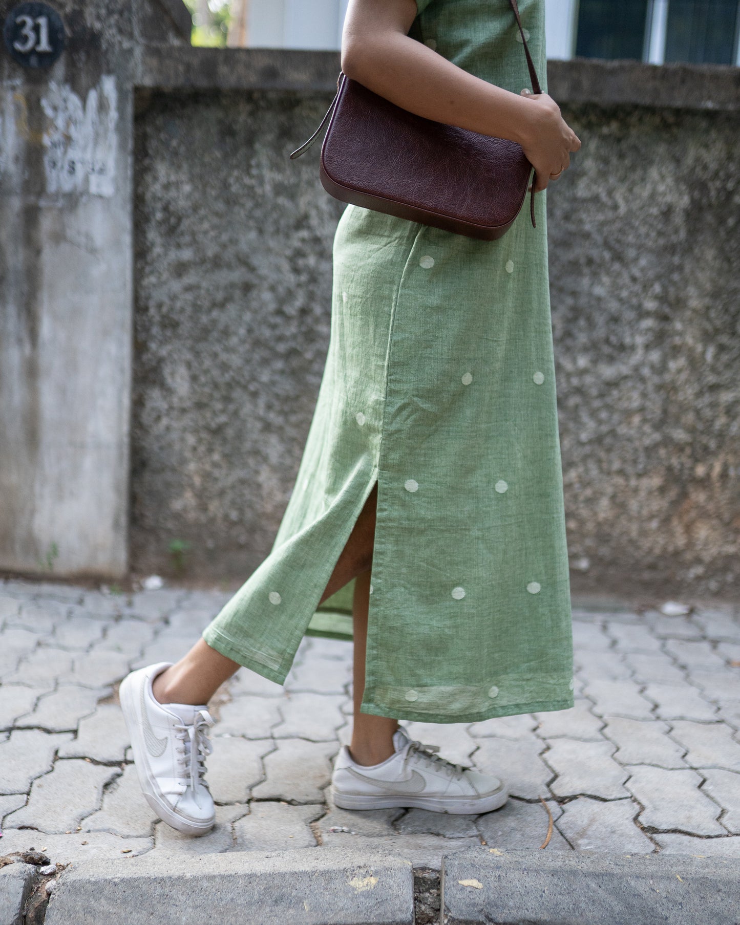 Sage Green | Polka Dots Handwoven Jamdani Dress