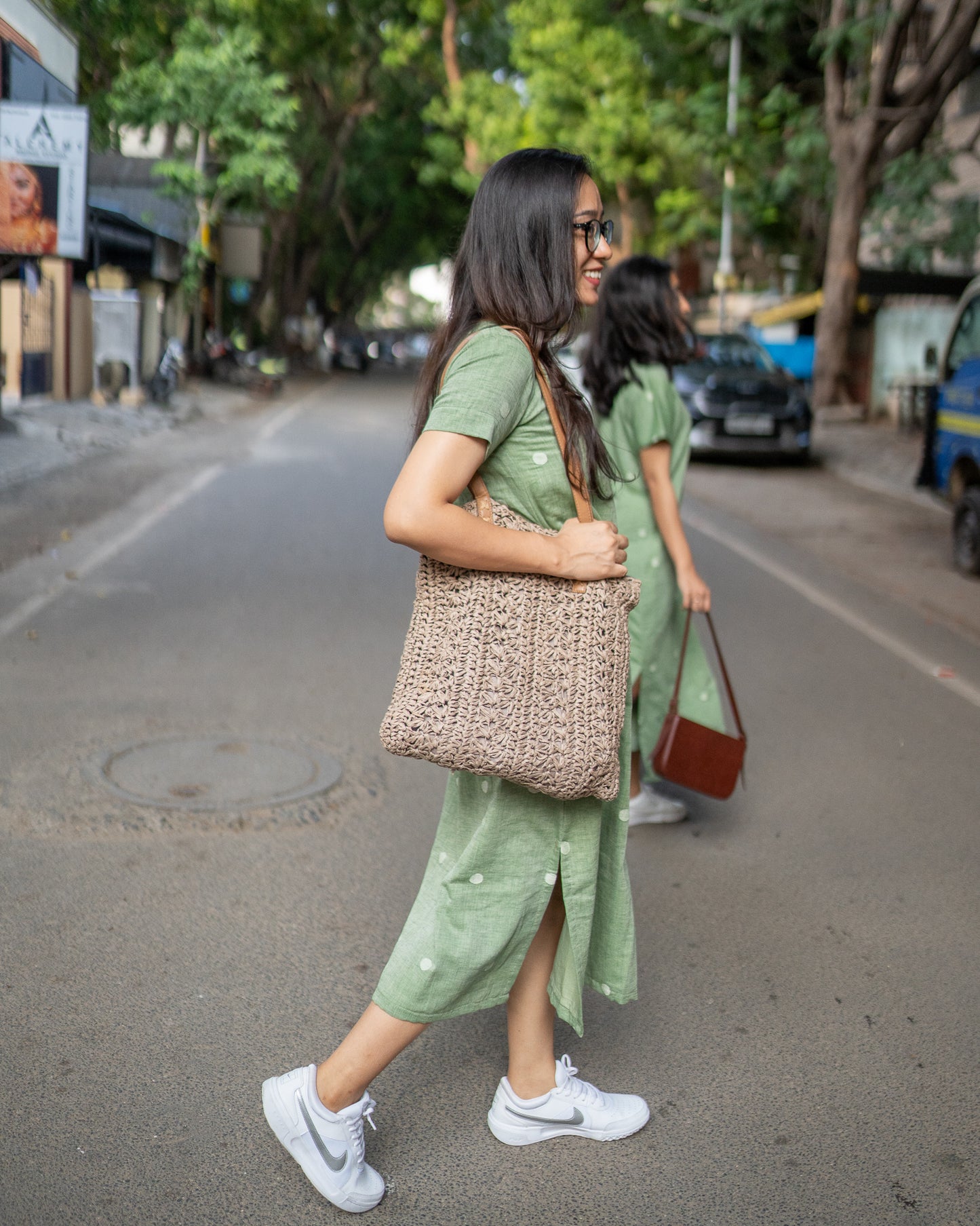 Sage Green | Polka Dots Handwoven Jamdani Dress
