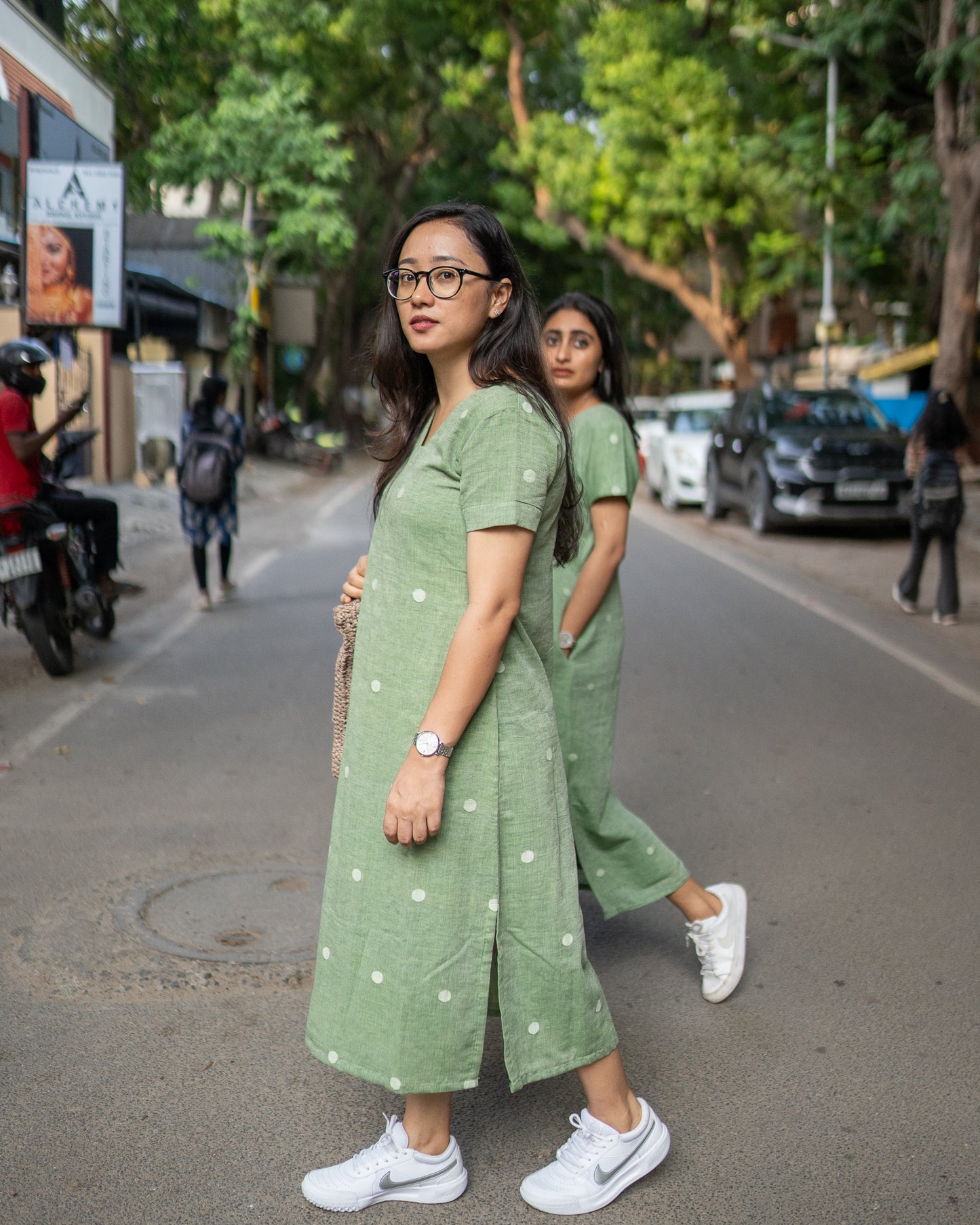 Sage Green | Polka Dots Handwoven Jamdani Dress