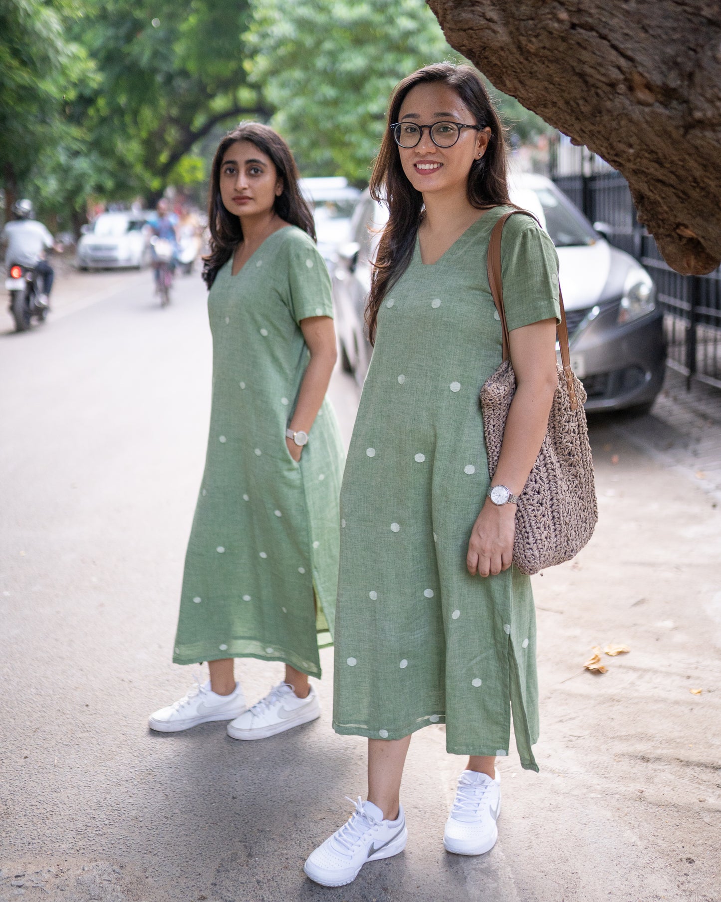 Sage Green | Polka Dots Handwoven Jamdani Dress