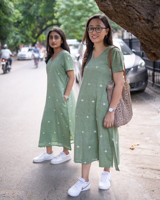 Sage Green | Polka Dots Handwoven Jamdani Dress